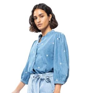 Sissy Boy Denim Womens Shirt Top Size S Clover Europe Prairie Boho Flower Puff